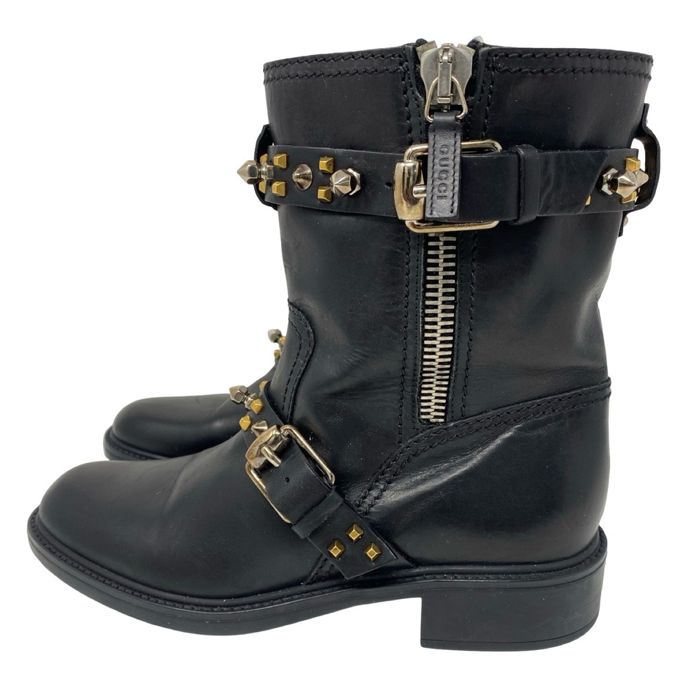 Gucci Black Leather Studded Moto Biker Boots Buckle Strap Womens EU 38.5/US 7.5